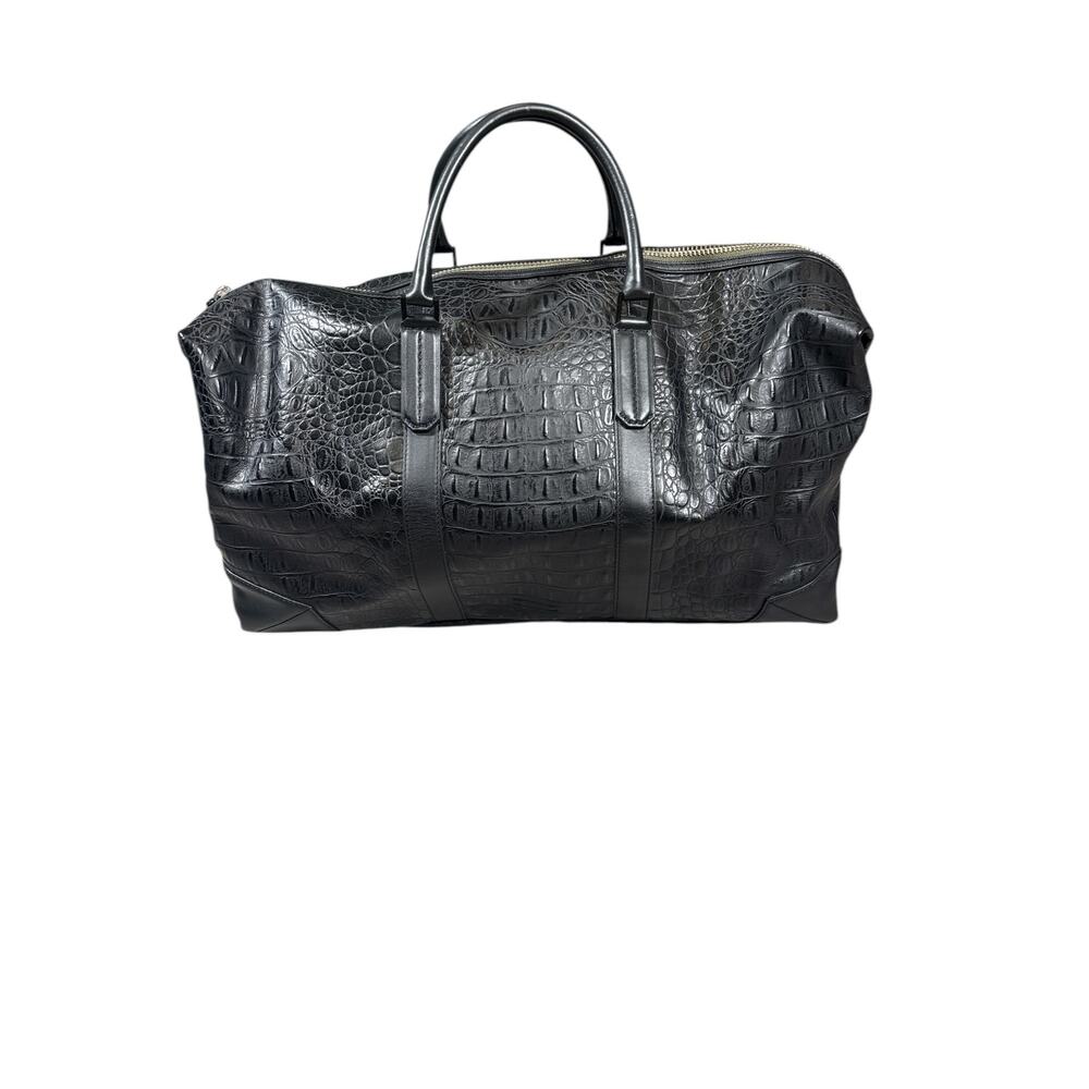 BEN MINKOFF ALLIGATOR PATTERN LEATHER LARGE DUFFEL BAG IN BLACK